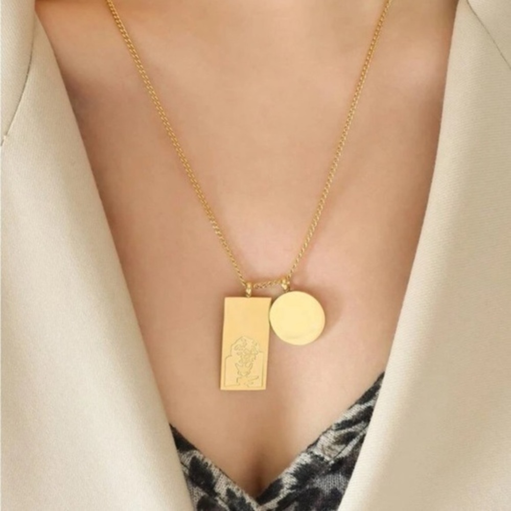 Gold Double Pendant Engraved Necklace
